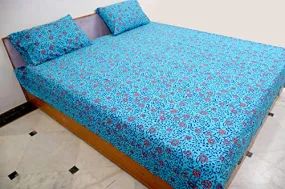 Miyanbazaz Textiles 100% Cotton Double Bedsheet with 2 Pillow Covers - Multi (Sky Blue)