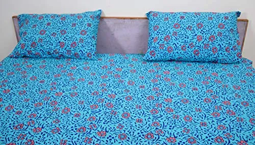 Miyanbazaz Textiles 100% Cotton Double Bedsheet with 2 Pillow Covers - Multi (Sky Blue)