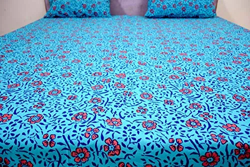 Miyanbazaz Textiles 100% Cotton Double Bedsheet with 2 Pillow Covers - Multi (Sky Blue)