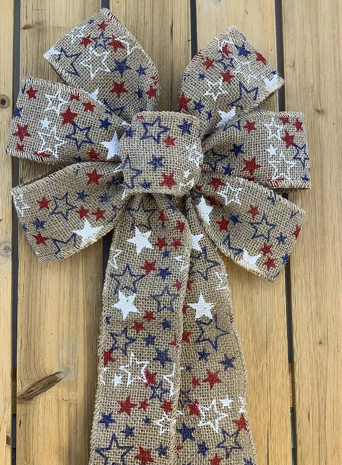 Natural Burlap Patriotic Wreath Bow - 10" Wide, 18" Long Tails