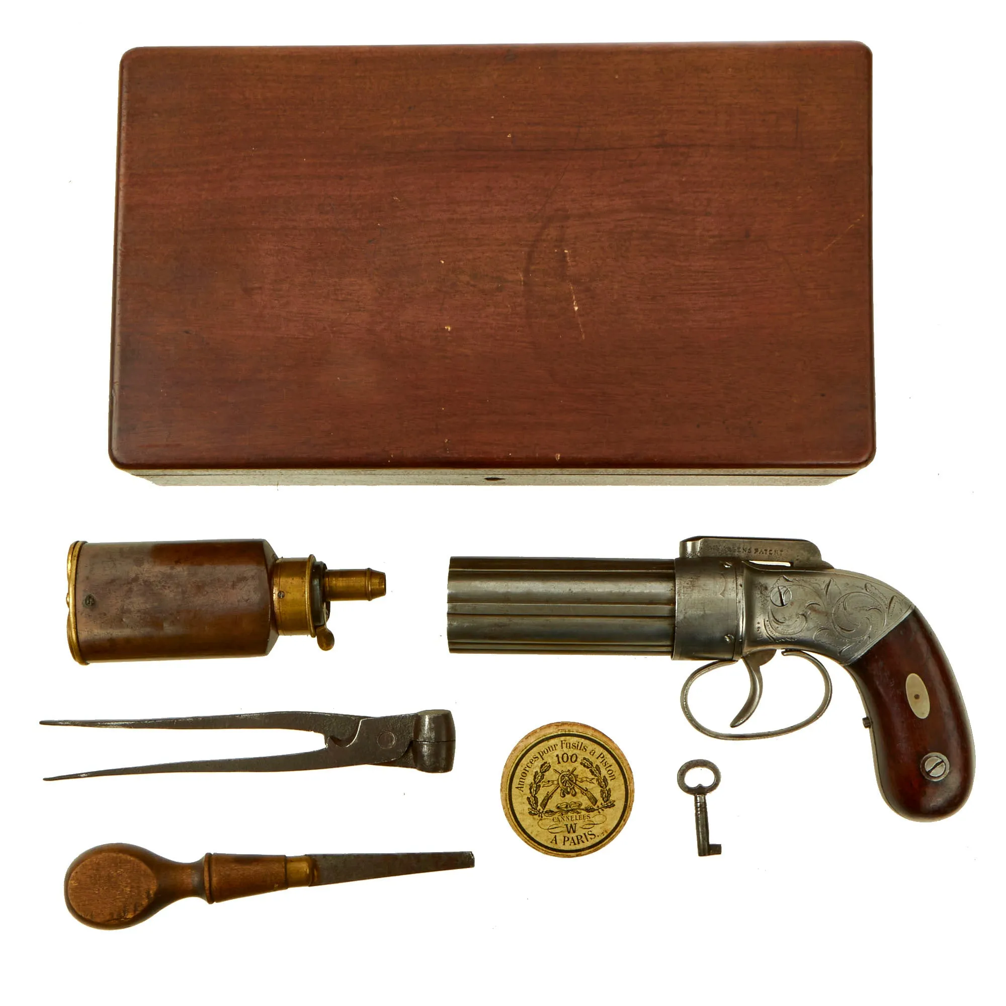 Original U.S. Cased Allen & Thurber of Norwich 1837 Patent .31cal Percussion Pepperbox Revolver with Accessories - Matching Serial 181