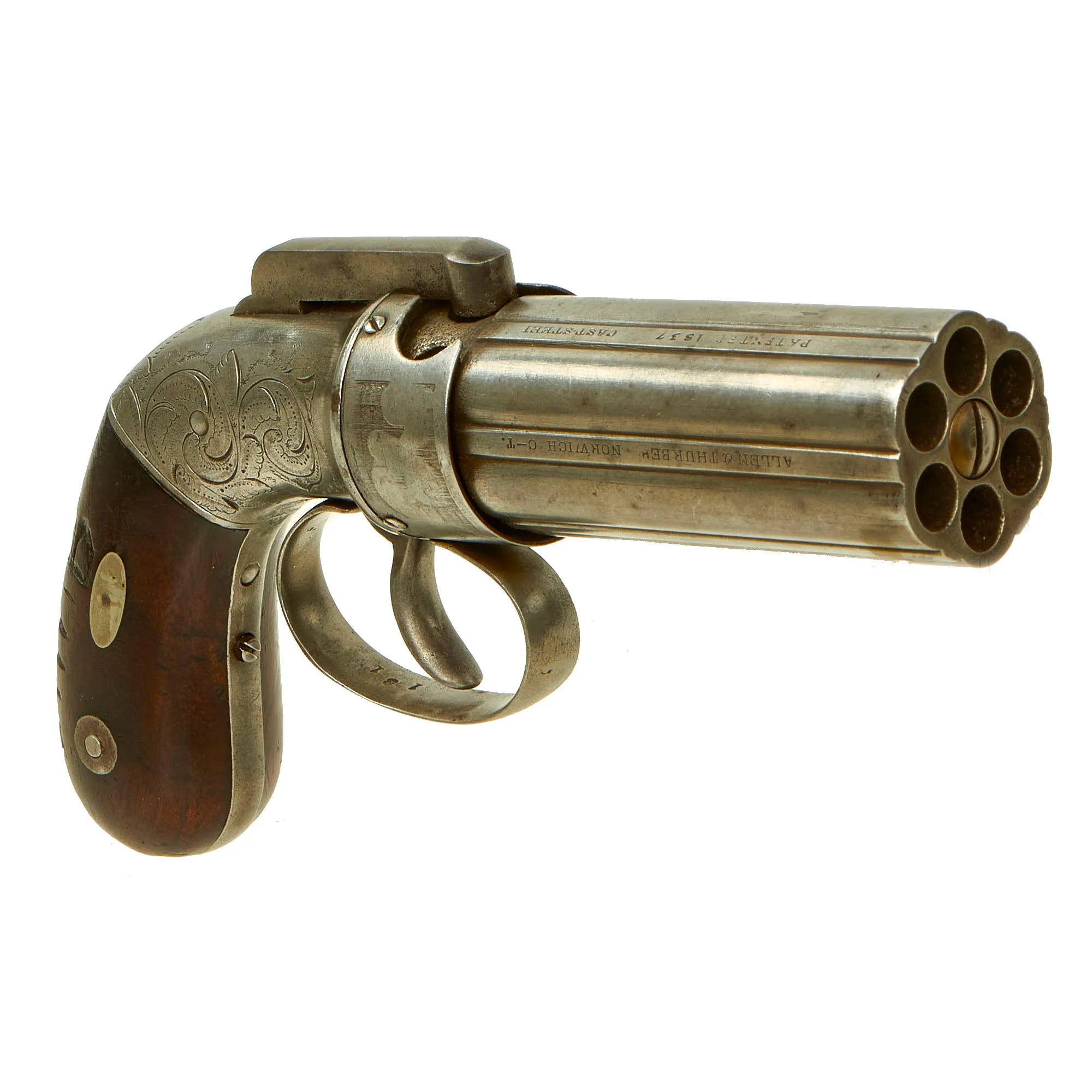 Original U.S. Cased Allen & Thurber of Norwich 1837 Patent .31cal Percussion Pepperbox Revolver with Accessories - Matching Serial 181