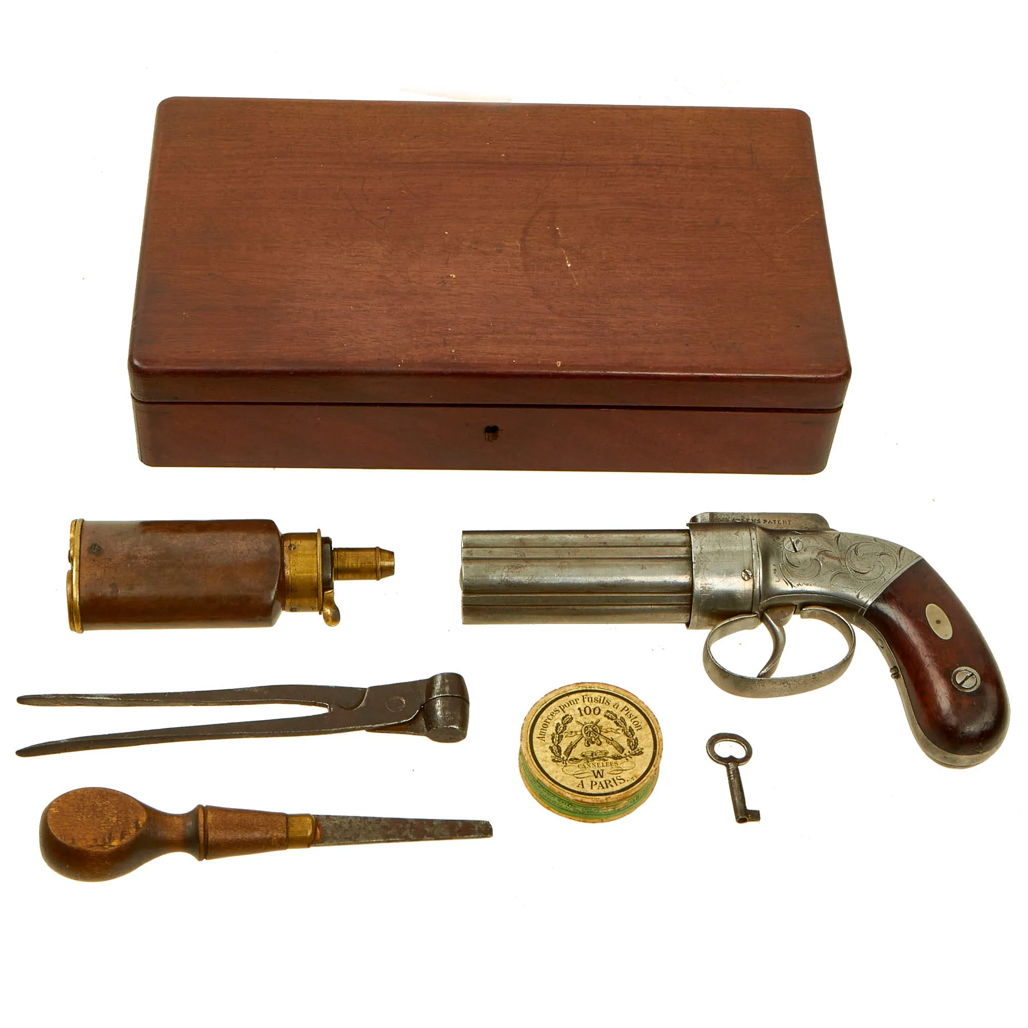 Original U.S. Cased Allen & Thurber of Norwich 1837 Patent .31cal Percussion Pepperbox Revolver with Accessories - Matching Serial 181