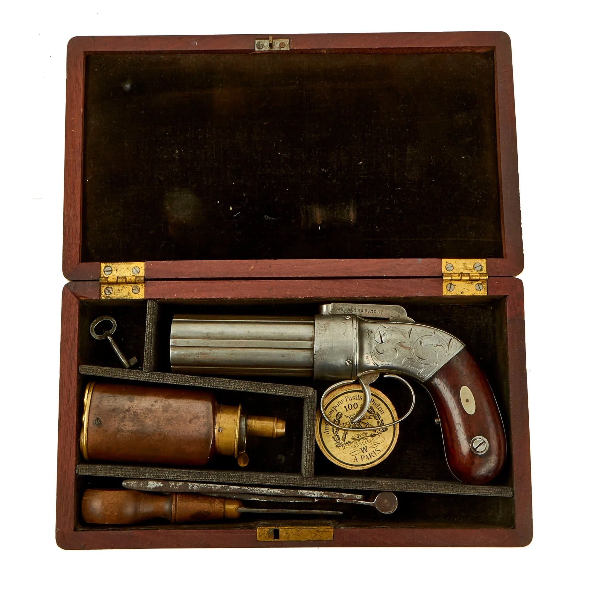 Original U.S. Cased Allen & Thurber of Norwich 1837 Patent .31cal Percussion Pepperbox Revolver with Accessories - Matching Serial 181