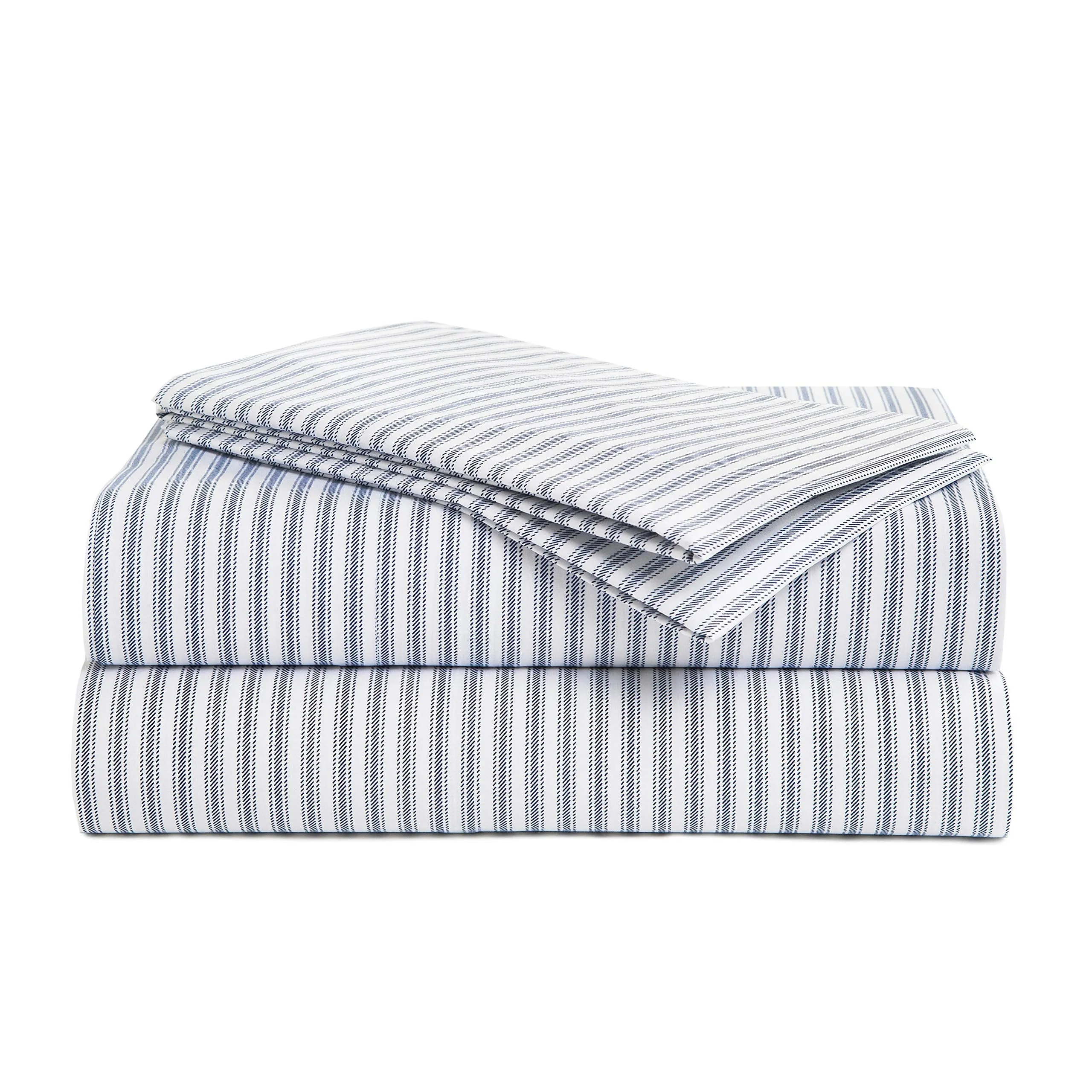 Peru Pima, Bed Sheets Set with 4 Pieces, 415 Thread Count, Percale, 100% Peruvian Pima Cotton, Hotel Luxury Quality, Extra Soft and Cooling Sheets, Queen Size, Nautical Stripe Blue