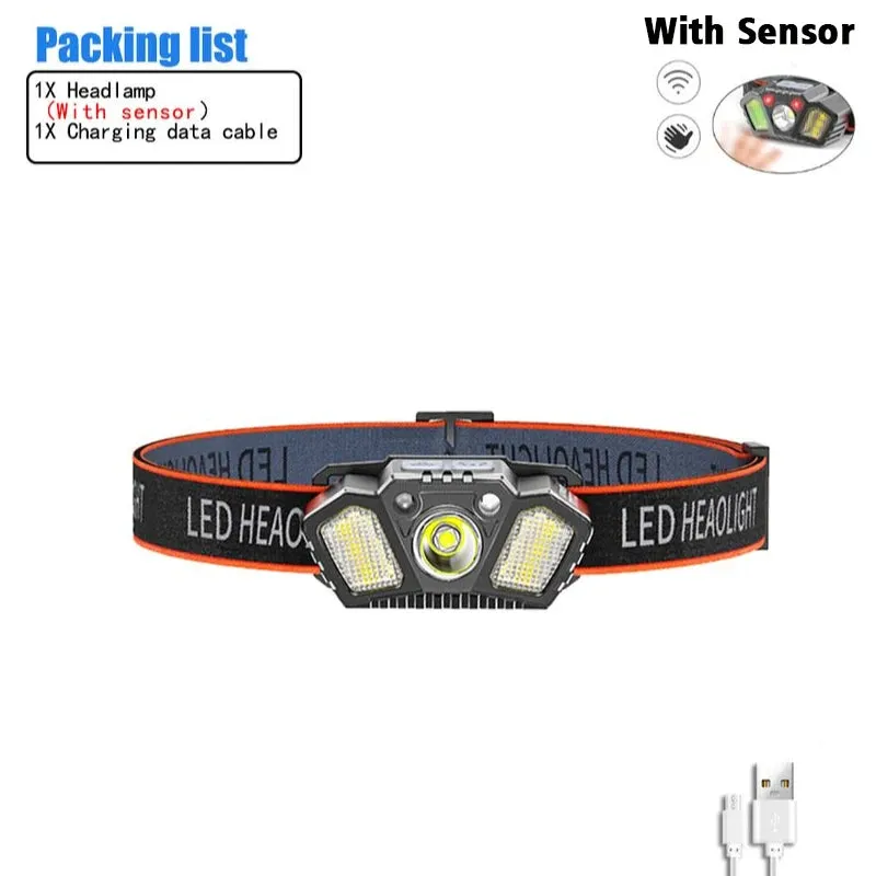 Portable Headlamp with Wave Sensor 5 Modes XPE COB LED Red Caution Light USB Rechargeable Head Lamp For Fishing Camping Hiking