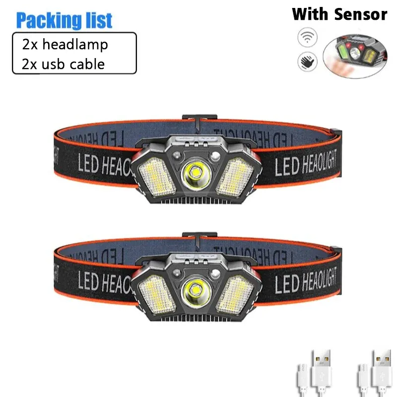 Portable Headlamp with Wave Sensor 5 Modes XPE COB LED Red Caution Light USB Rechargeable Head Lamp For Fishing Camping Hiking