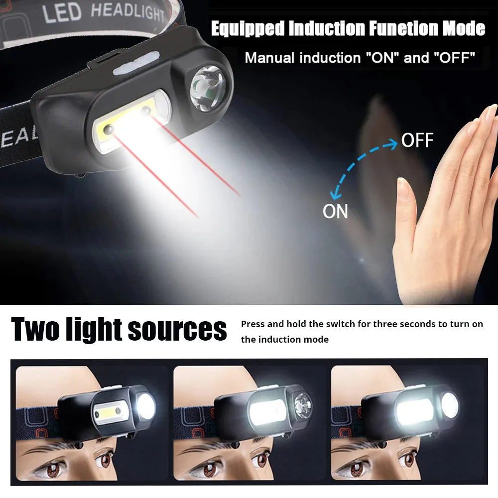 Portable LED Headlamp XPE COB Headlight IR Induction 18650 Light USB Rechargeable Waterproof Camping Torch Powerful Head Lamp