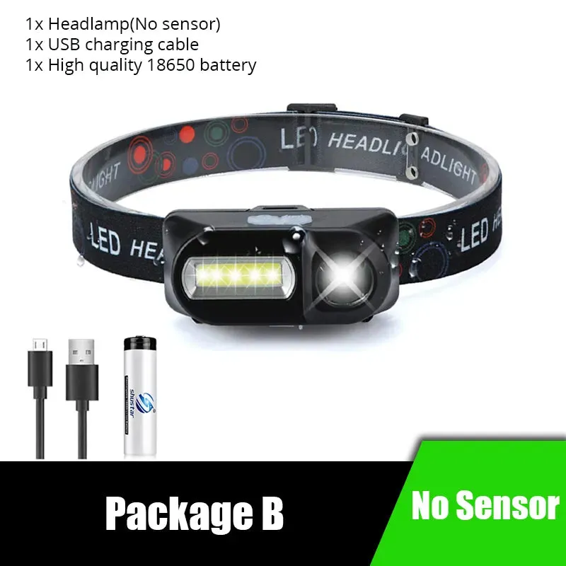 Portable LED Headlamp XPE COB Headlight IR Induction 18650 Light USB Rechargeable Waterproof Camping Torch Powerful Head Lamp