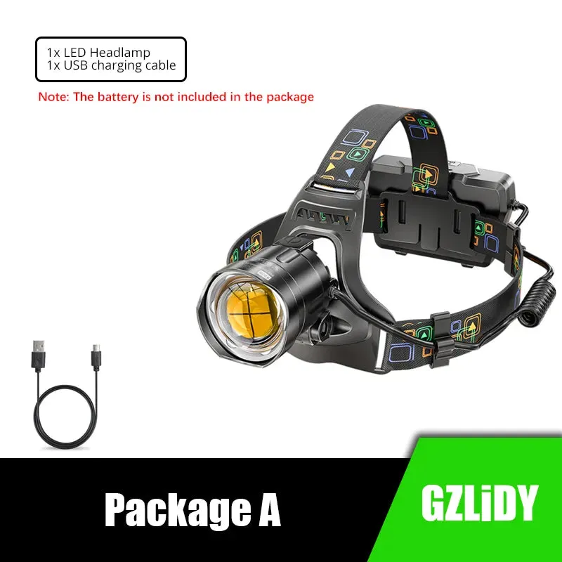 Powerful XHP90 LED Headlamp 3 Modes Waterproof Zoom Headlight USB Rechargeable 18650 Lantern Suitable for Hunting, Fishing.etc