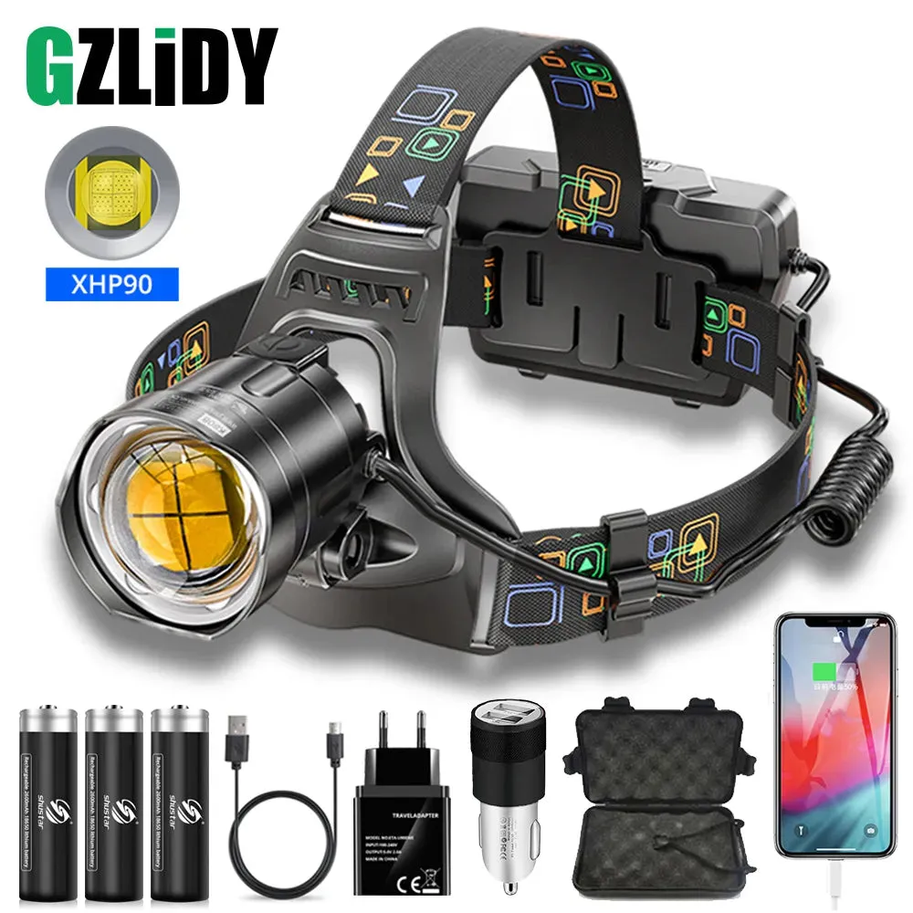 Powerful XHP90 LED Headlamp 3 Modes Waterproof Zoom Headlight USB Rechargeable 18650 Lantern Suitable for Hunting, Fishing.etc