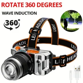 Rechargeable Headlamp - LED Headlamp with 5 IPX6 Waterproof Modes, 360 Degree Adjustable Angle, Motion Sensor, Headlight for Run