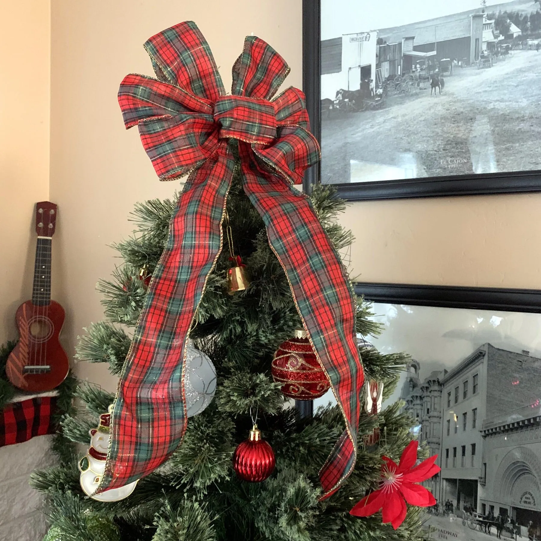 Red Green Tartan Christmas Bow - 10" Wide, 18" Long