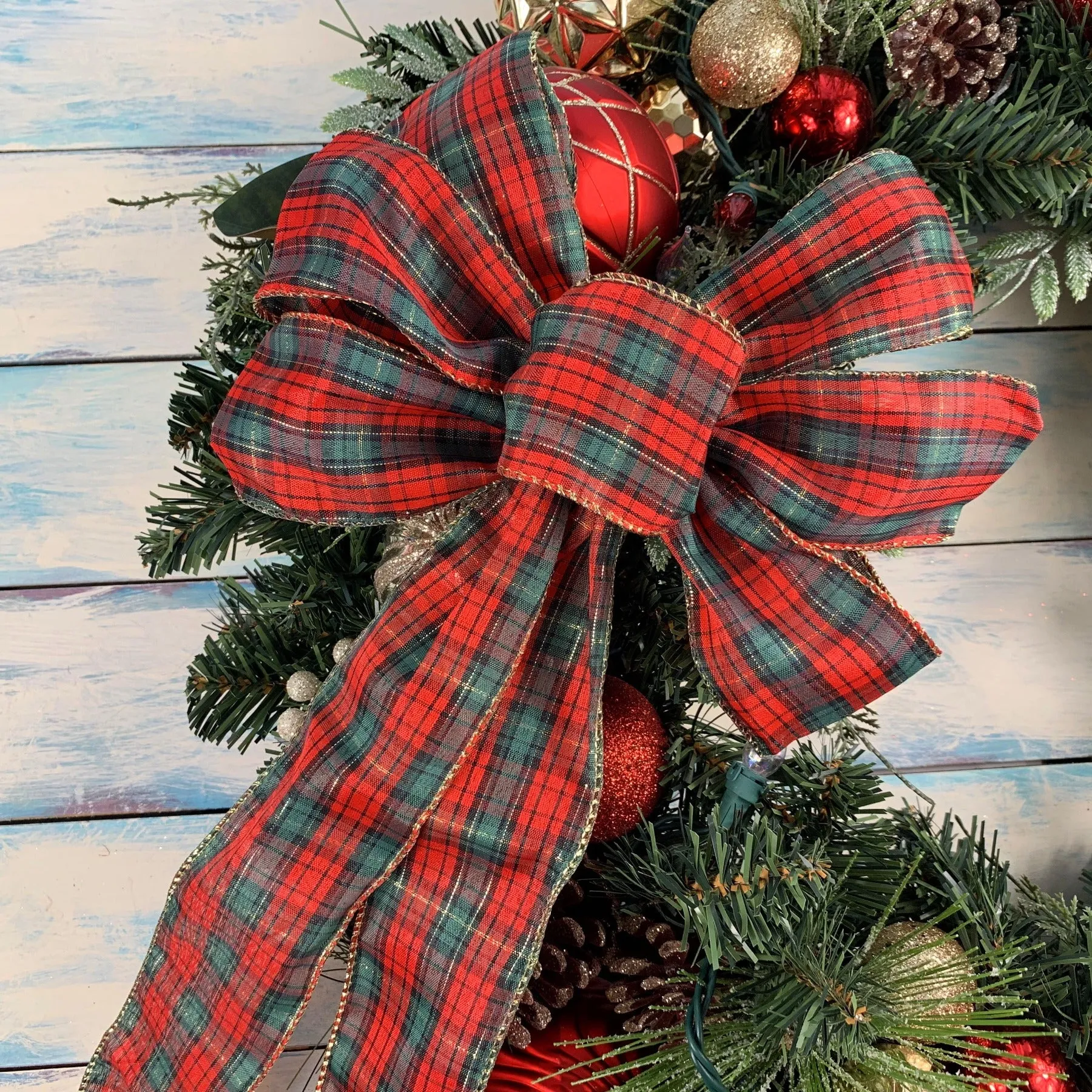 Red Green Tartan Christmas Bow - 10" Wide, 18" Long