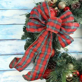 Red Green Tartan Christmas Bow - 10" Wide, 18" Long