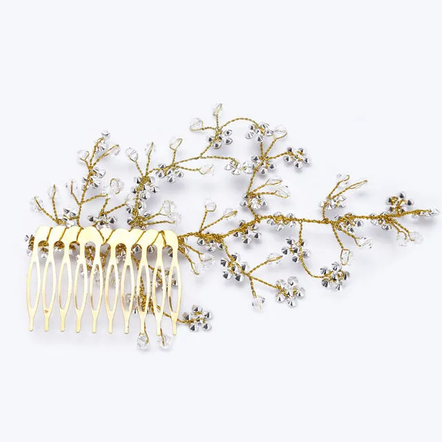 Romantic Wedding Bride Hair Comb Accessories Golden Flower Branch Rhinestone