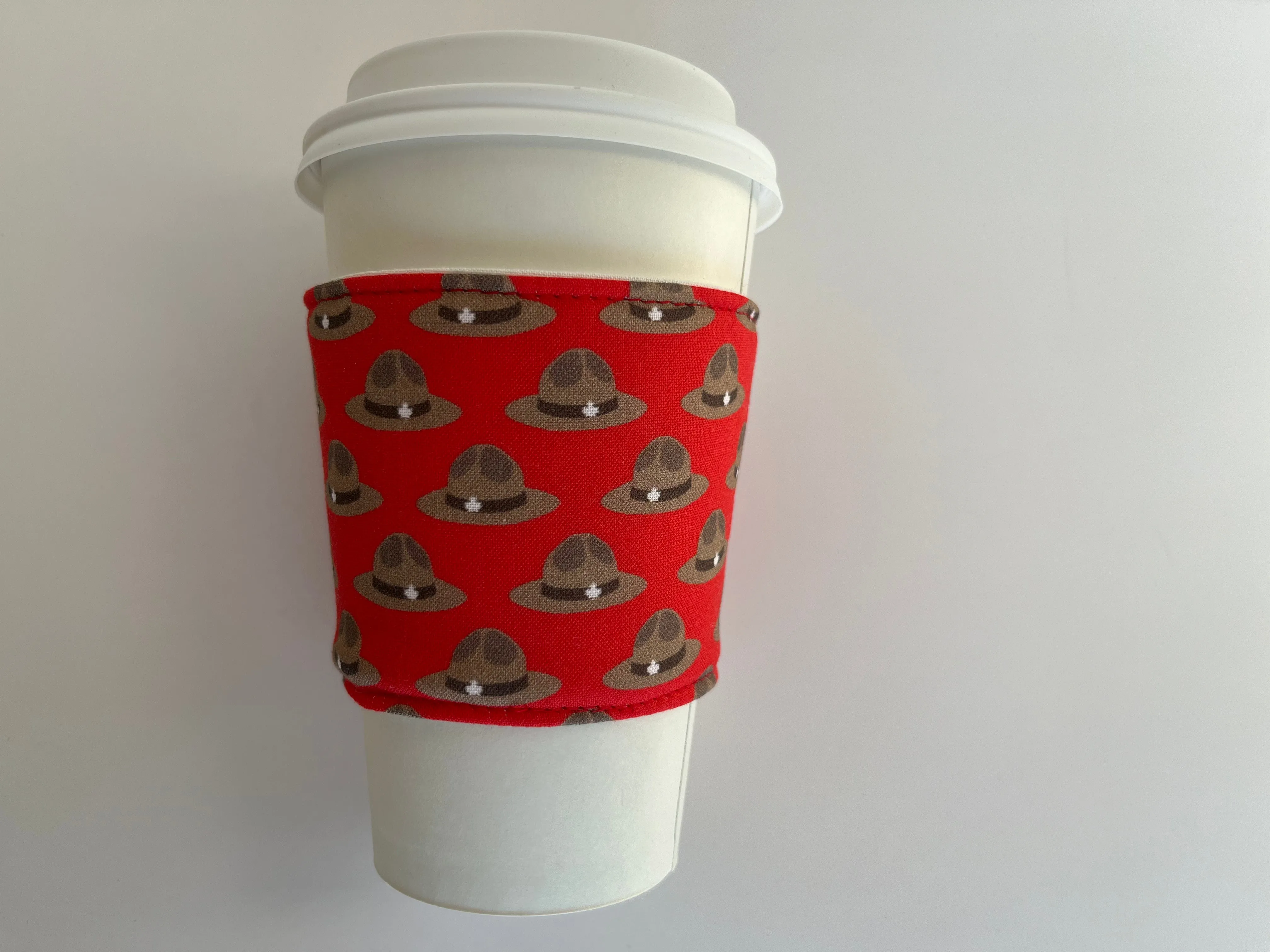 Royal Canadian Mounted Police Themed Coffee Cup Cozy, fabric coffee sleeve