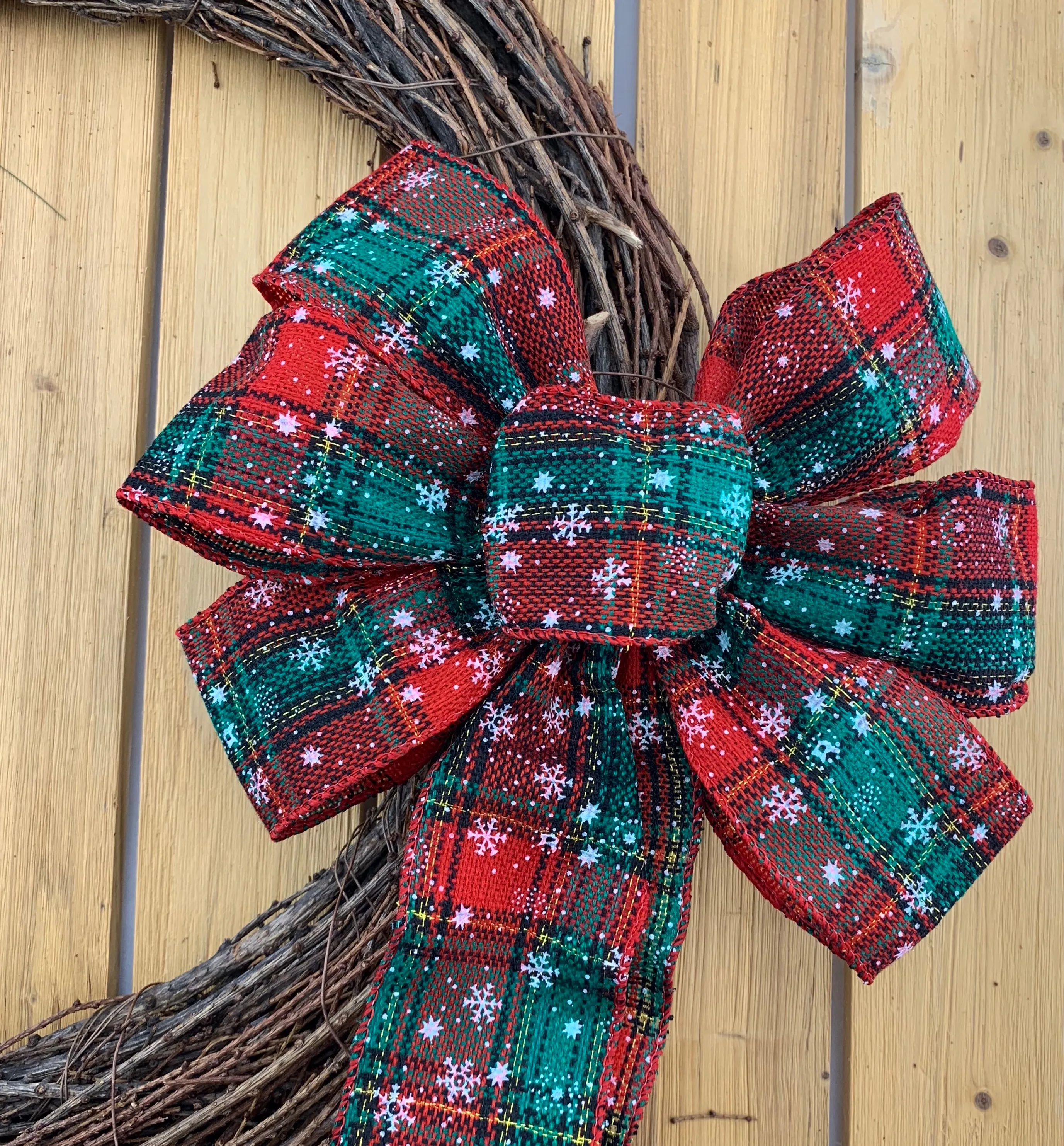 Snowflake Plaid Christmas Wreath Bow - 10" Wide, 18" Long