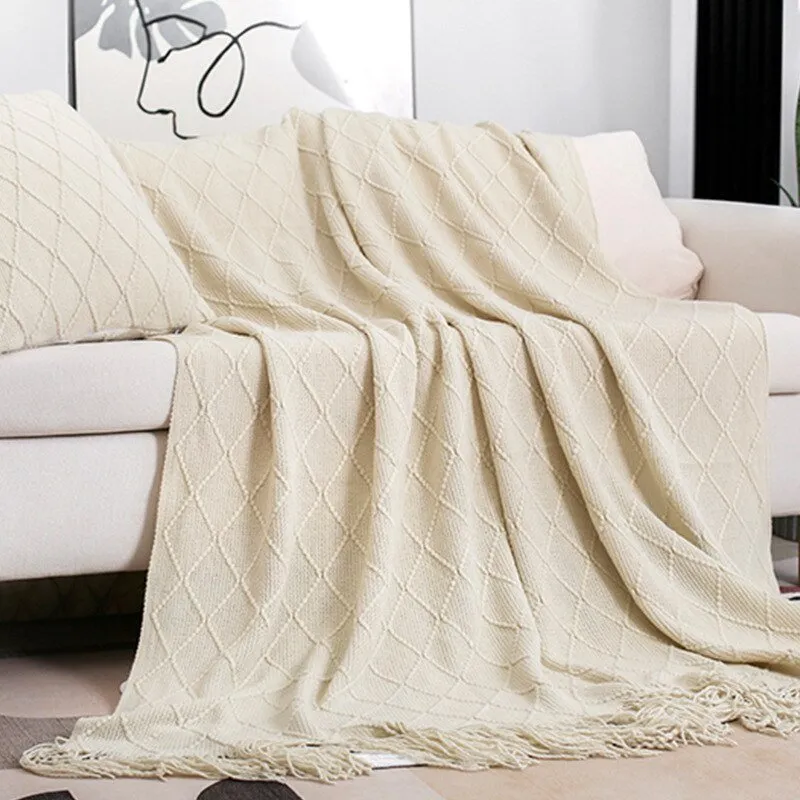 Solid Color Tassel Knitted Sofa Blanket