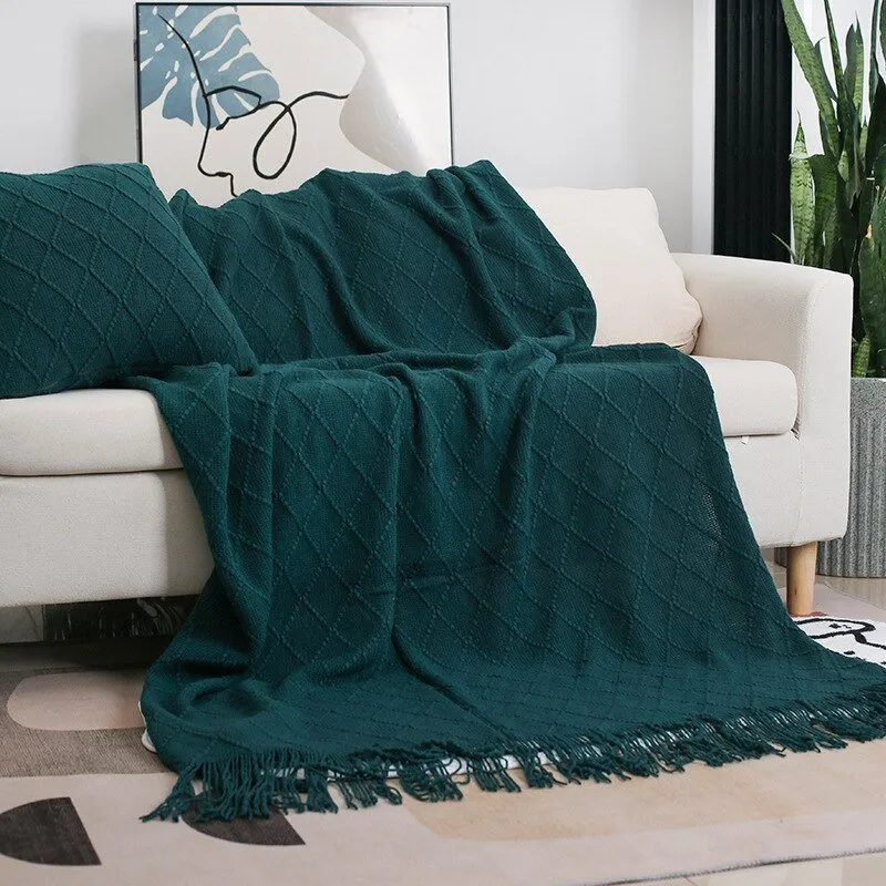 Solid Color Tassel Knitted Sofa Blanket