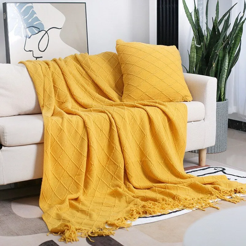 Solid Color Tassel Knitted Sofa Blanket