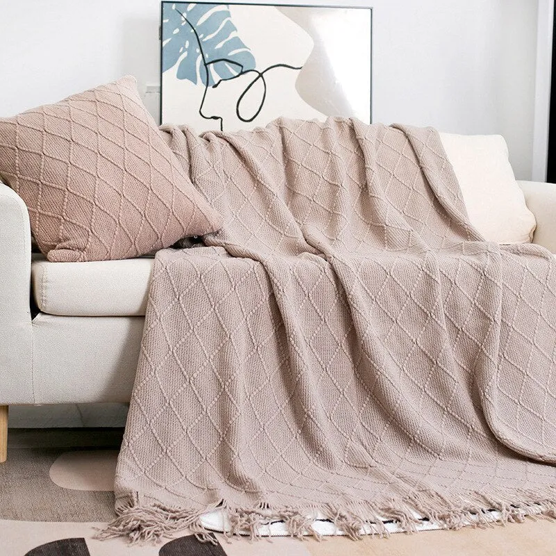 Solid Color Tassel Knitted Sofa Blanket