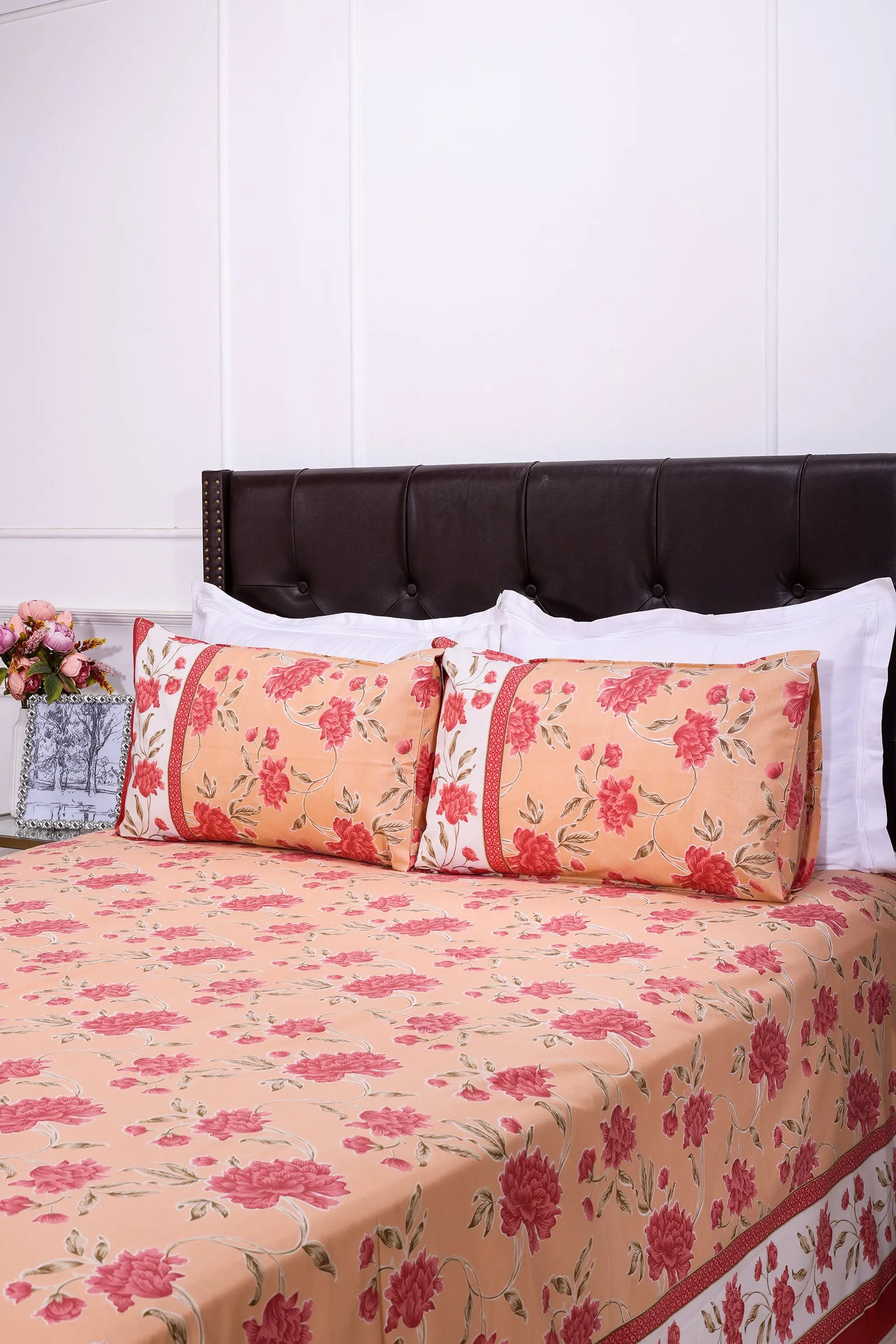 Suhana Floral Summer Peach Cotton  Bedsheet