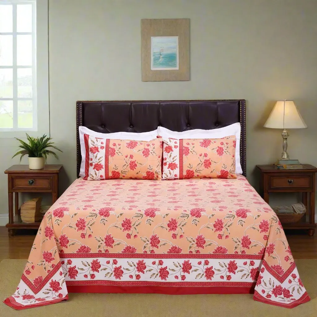 Suhana Floral Summer Peach Cotton  Bedsheet