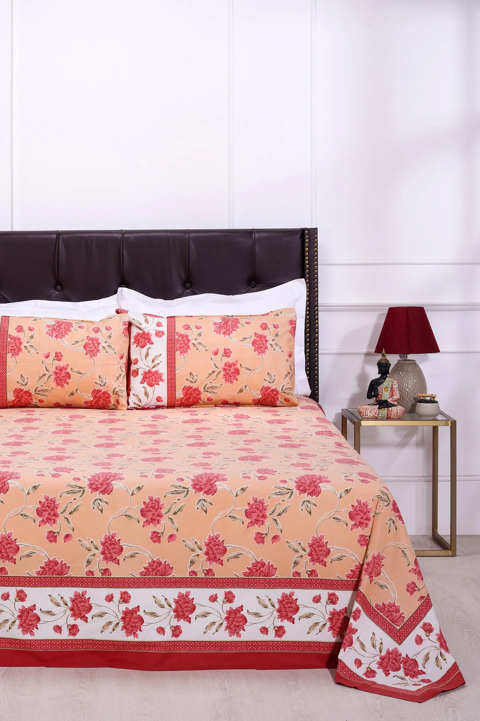 Suhana Floral Summer Peach Cotton  Bedsheet