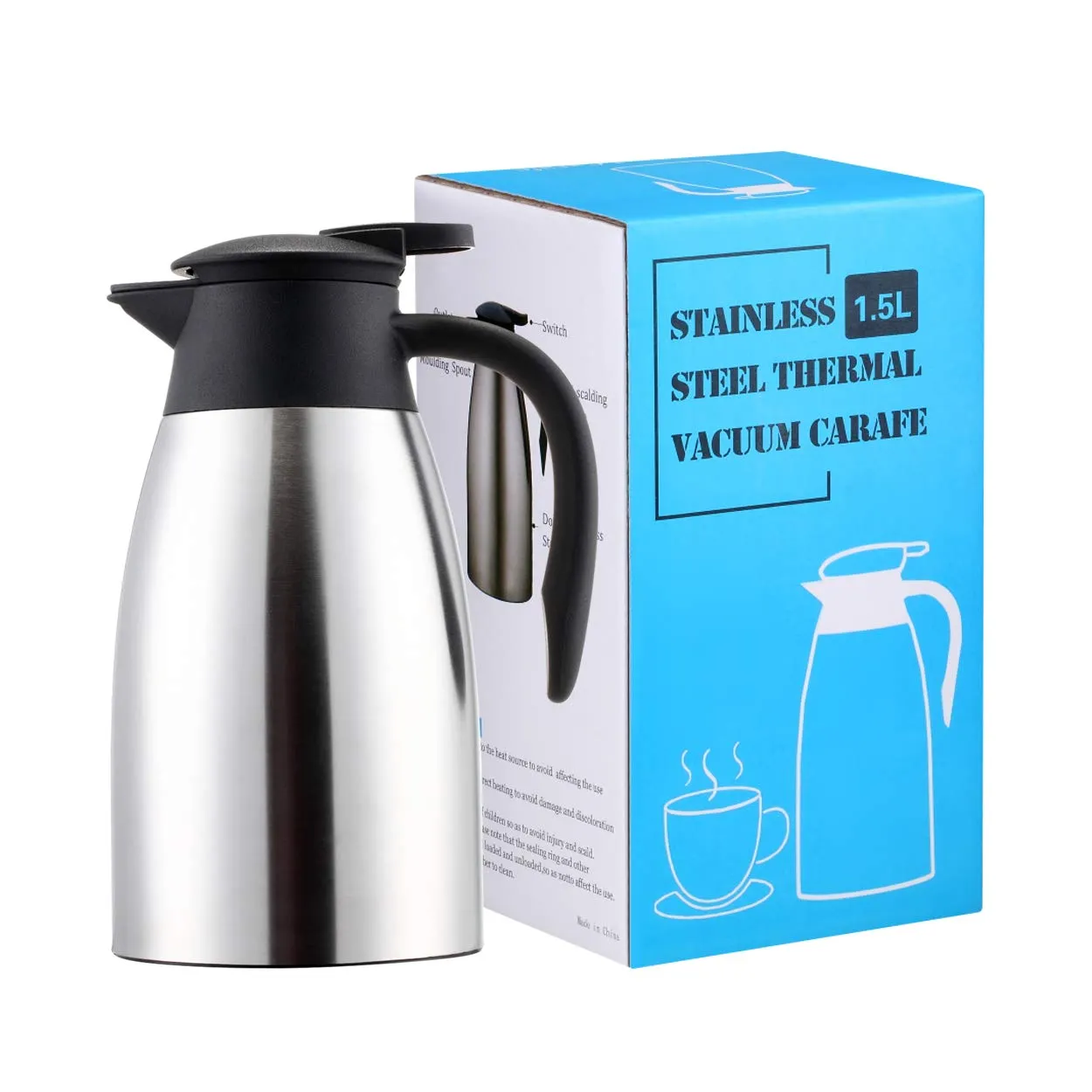 Sumerflos 1.5L/50 Oz Thermal Coffee Carafe - Double Wall Stainless Steel Vacuum Insulated Thermos - Leak Proof Lid with Dust Cover - Cool Touch Handle - Heat and Cold Retention (Silver)