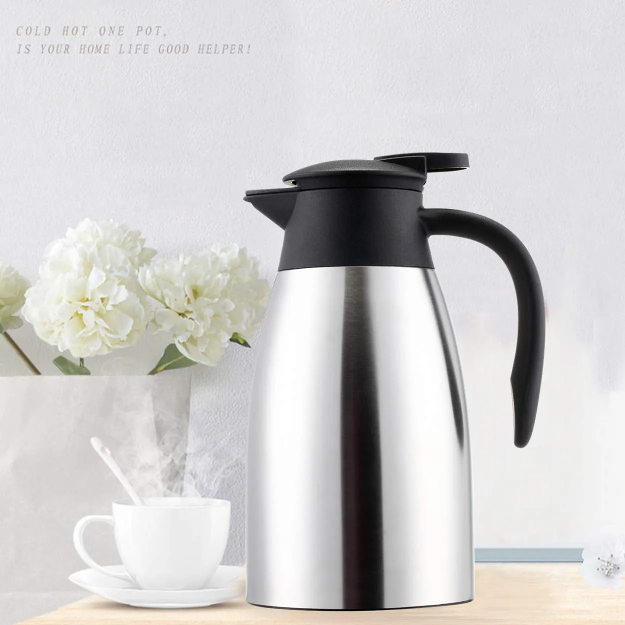 Sumerflos 1.5L/50 Oz Thermal Coffee Carafe - Double Wall Stainless Steel Vacuum Insulated Thermos - Leak Proof Lid with Dust Cover - Cool Touch Handle - Heat and Cold Retention (Silver)