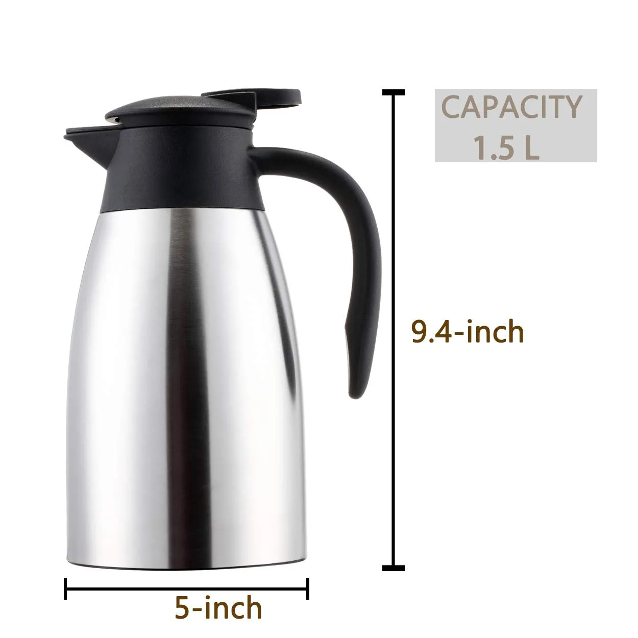 Sumerflos 1.5L/50 Oz Thermal Coffee Carafe - Double Wall Stainless Steel Vacuum Insulated Thermos - Leak Proof Lid with Dust Cover - Cool Touch Handle - Heat and Cold Retention (Silver)