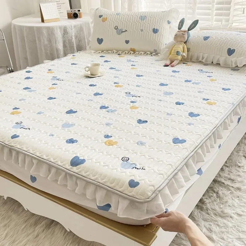 Summer Ice Silk Latex Mattress Set - Lace Style Ice Silk Mat, Bed Sheet, Skirt Style, Non Slip Fixed Mattress Protective Cover