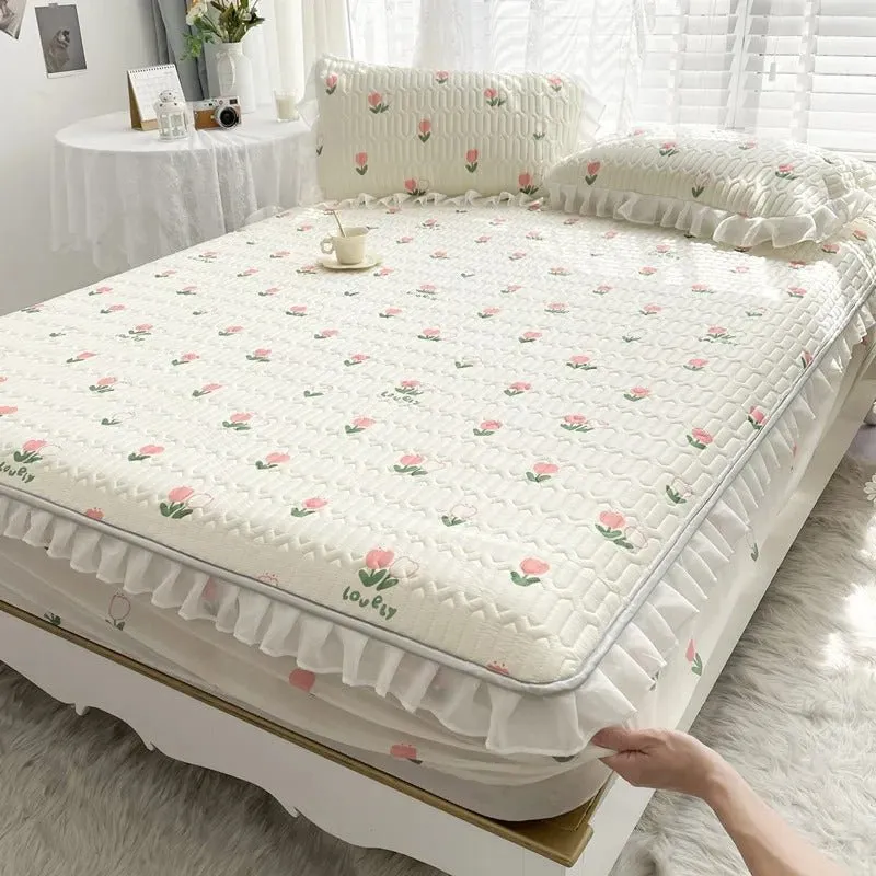 Summer Ice Silk Latex Mattress Set - Lace Style Ice Silk Mat, Bed Sheet, Skirt Style, Non Slip Fixed Mattress Protective Cover