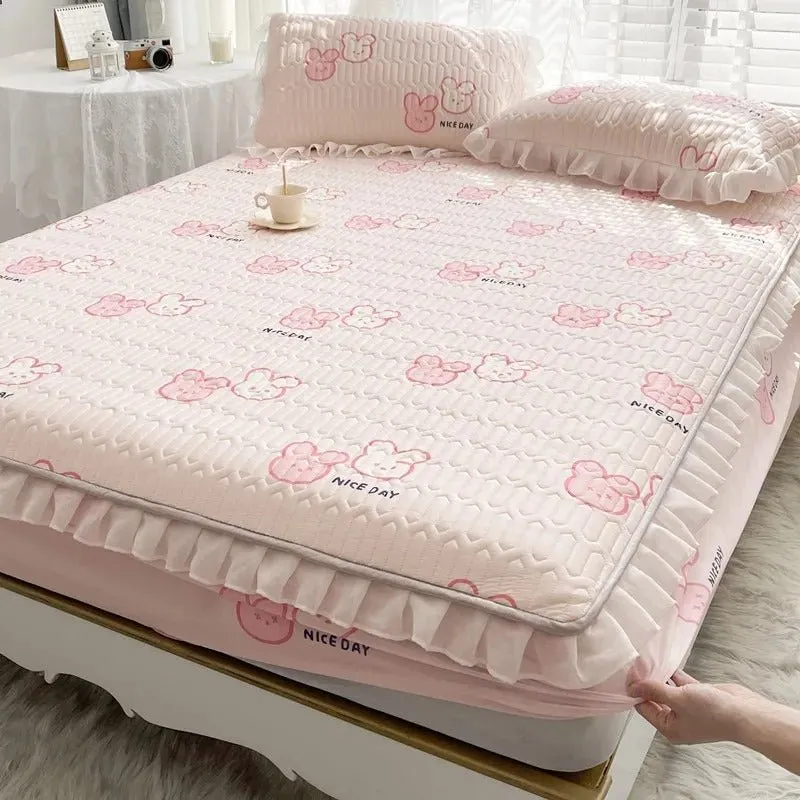 Summer Ice Silk Latex Mattress Set - Lace Style Ice Silk Mat, Bed Sheet, Skirt Style, Non Slip Fixed Mattress Protective Cover