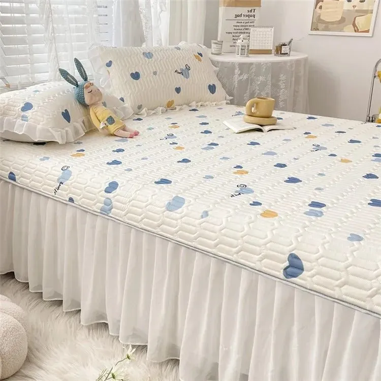 Summer Ice Silk Latex Mattress Set - Lace Style Ice Silk Mat, Bed Sheet, Skirt Style, Non Slip Fixed Mattress Protective Cover