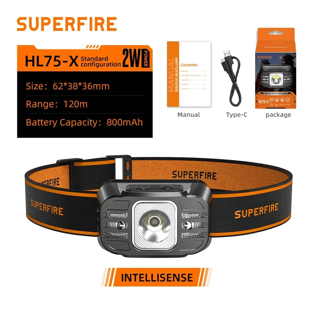 SuperFire rechargeable led headlamp Portable headlight head flashlight HL75-X Type-C Fishing Induction 7 Modes Lighting Night