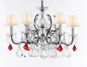 Swarovski Crystal Trimmed Chandelier 19th C. Baroque Iron & Crystal Lighting- Dressed with Ruby Red Crystals Great for Kitchens, Bathrooms, Closets, and Dining Rooms H 25" x W 26" w/ White Shades - G83-B98/WHITESHADES/994/6SW