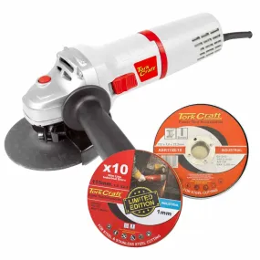 TORK CRAFT ANGLE GRINDER 115MM TCAG0115 C/W 10PCE 115MM CUTTING DISC PROMO TIN TORKIT016