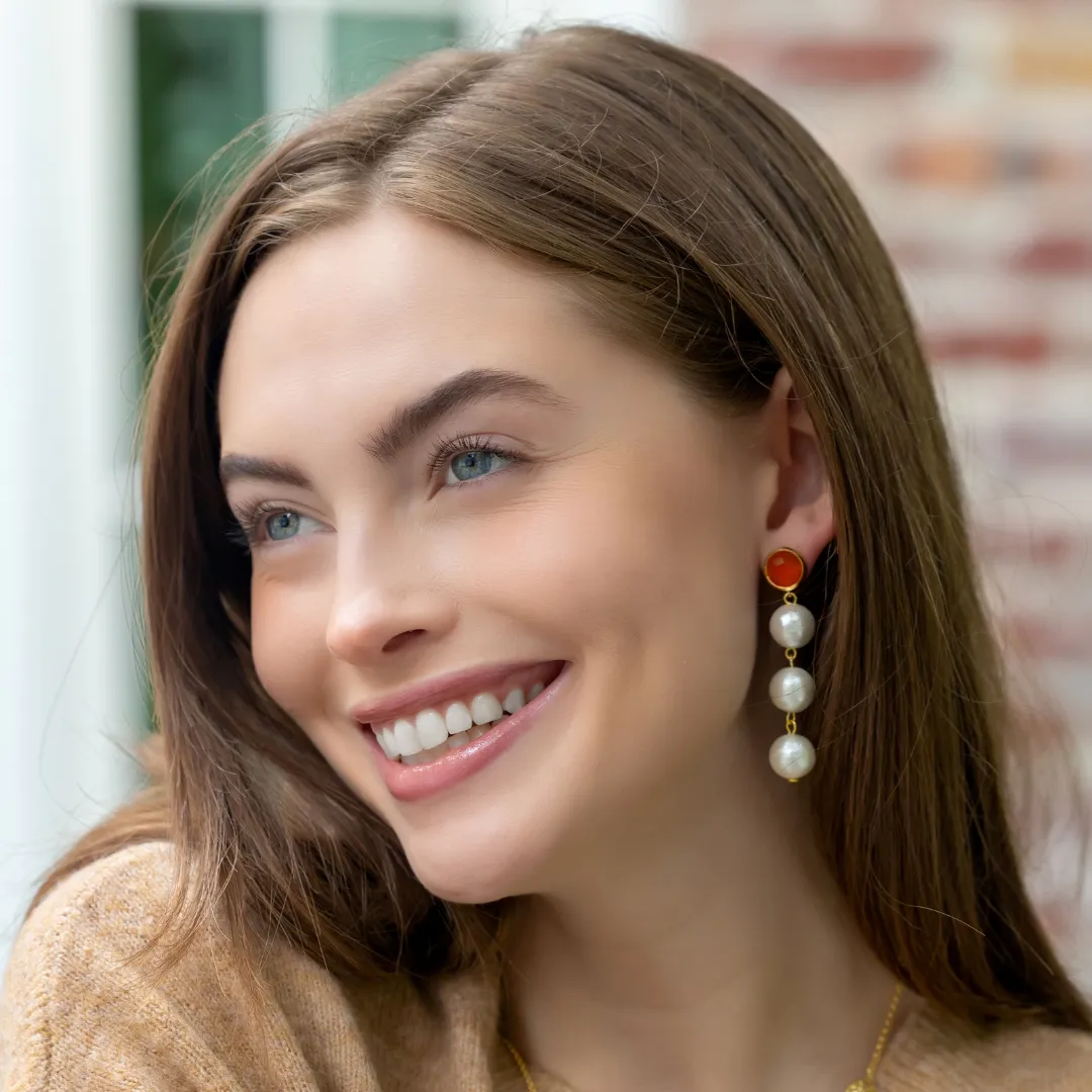 Triomphe Carnelian & Triple Cotton Pearl Earrings