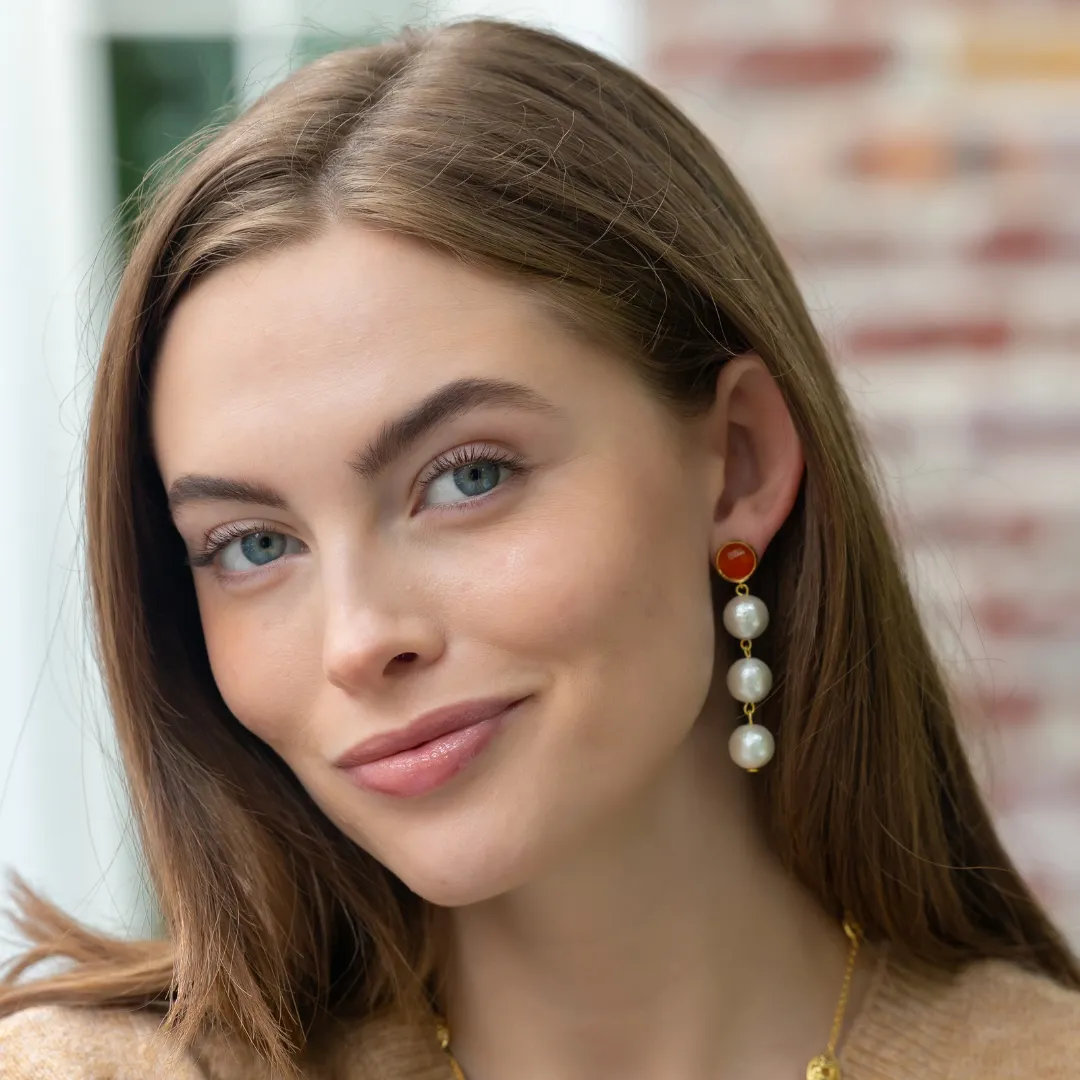 Triomphe Carnelian & Triple Cotton Pearl Earrings