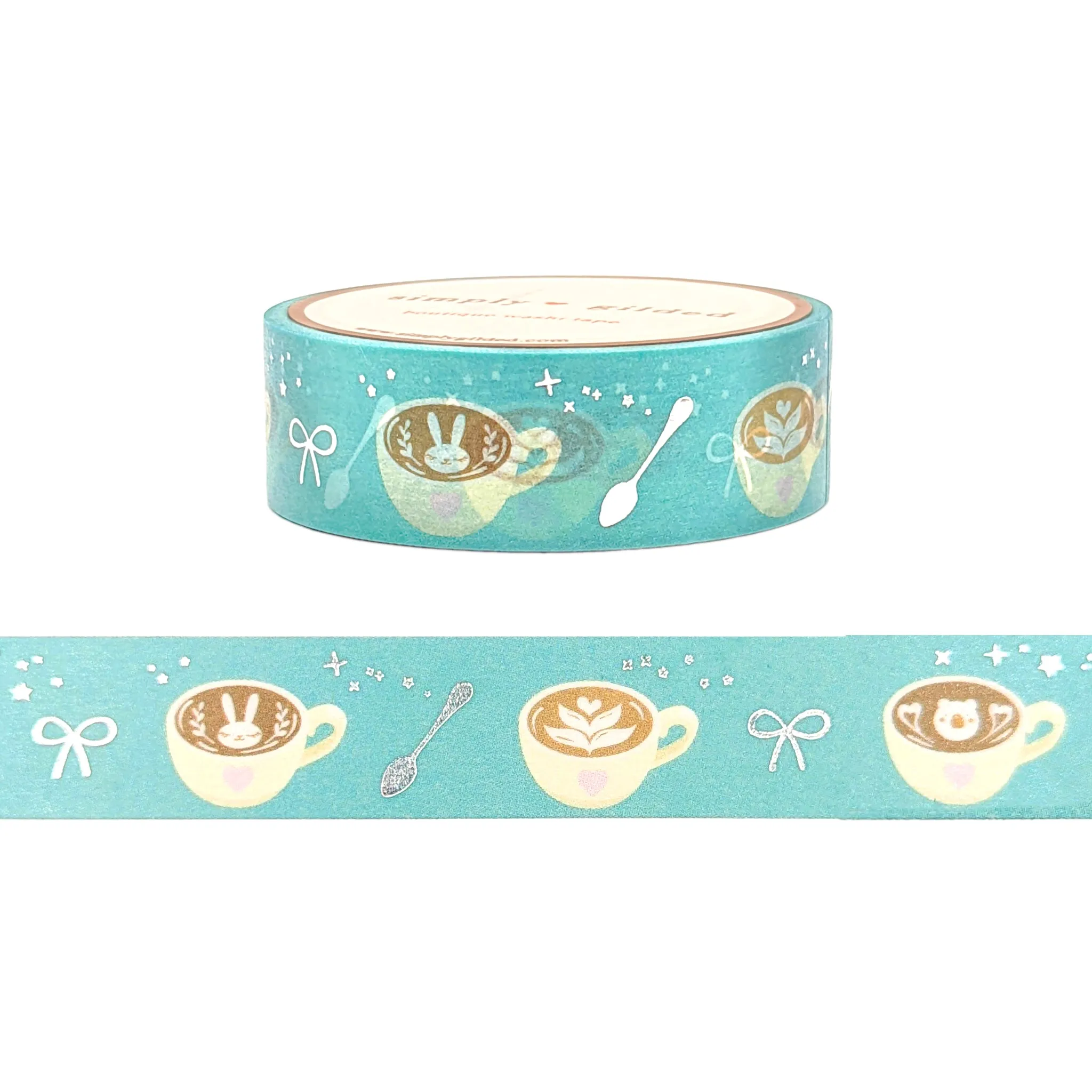 Turquoise Coffee Cups Washi (15mm   silver foil) - Restock