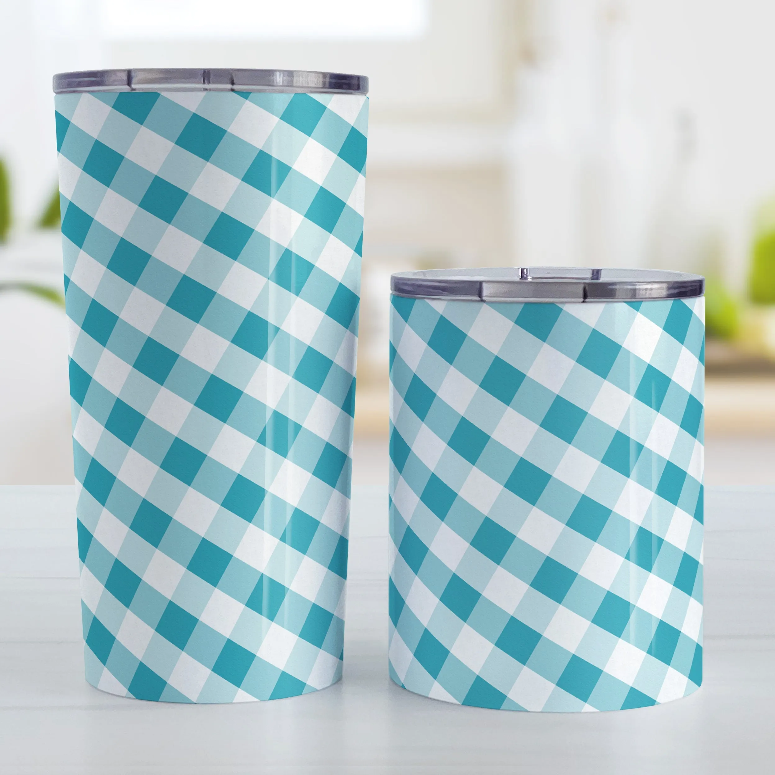 Turquoise Gingham Tumbler Cup