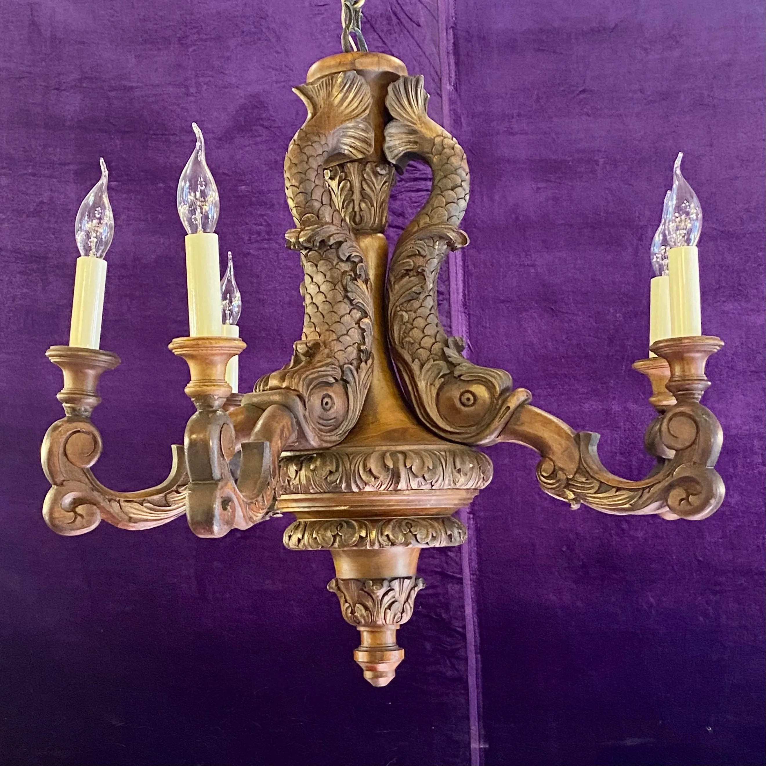 Unusual Antique French Wooden Chandelier