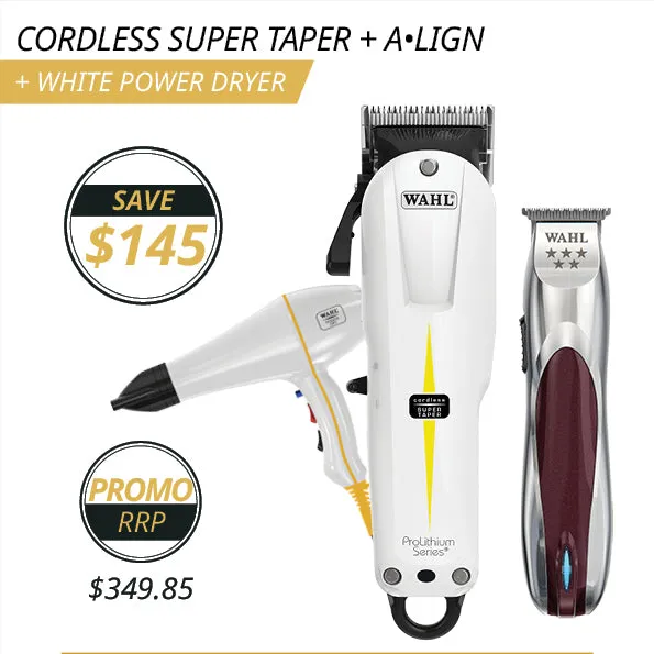 Wahl Super Taper Cordless Clipper & Align Trimmer & White Power Dryer Combo - September Promo!